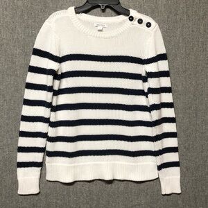 Nautica Chunky Knit Sweater Size S White Navy Blue Striped Shoulder Buttons